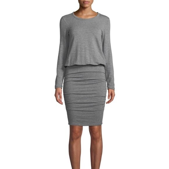 NEW SUNDRY Heather Grey Long Sleeve Knit Blouson Ruched Elastic Waist Dress 0 XS - Picture 1 of 8